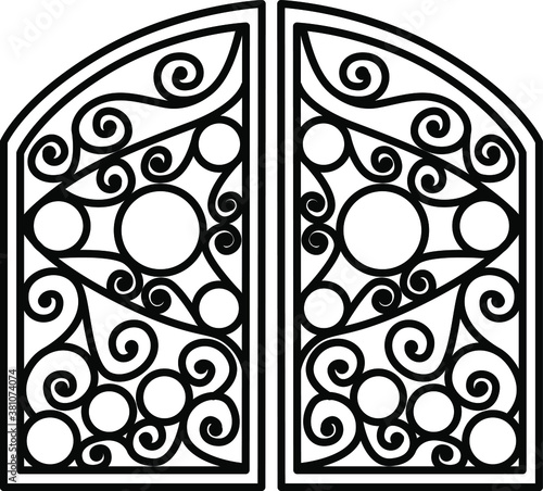 Gate with a picture. The gate has curls and curves.