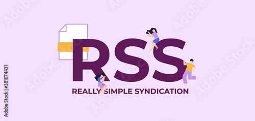 RSS really simple syndication. Business programming and coding technologies and web software digital graphic scripts and vector monitoring interfaces poster of mobile applications.