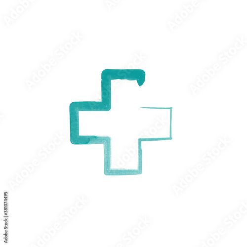 watercolor medical cross. pharmacy brush style emblem. Stock vector illustration isolated on white background.