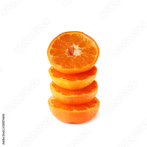 Citrus fruits pyramid. Mandarin orange cut in half isolated on white background. Citrus reticulata, tangerine, clementine