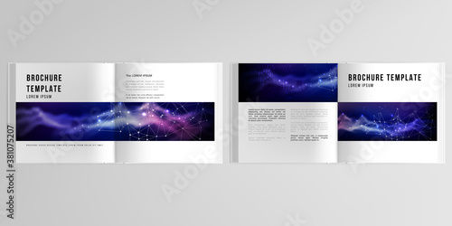 3d realistic vector layout of cover mockup templates for bifold square brochure, flyer, cover design, book design, brochure cover. Digital data visualization, polygonal science dark background.