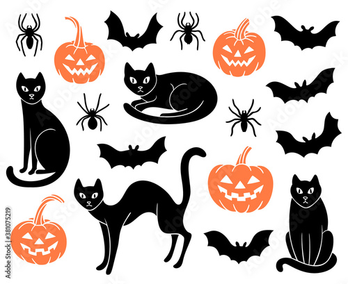 Halloween set with hand-drawn pumpkins, black cats, bats, and spiders