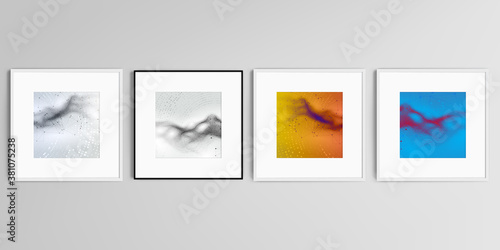 Realistic vector set of square picture frames isolated on gray background. Colorful wavy particle surface background for technology or science cyber space concept.