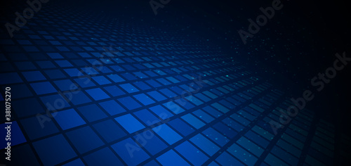Abstract technology futuristic digital concept square pattern with perspective and lighting glowing particles dots elements on dark blue background.