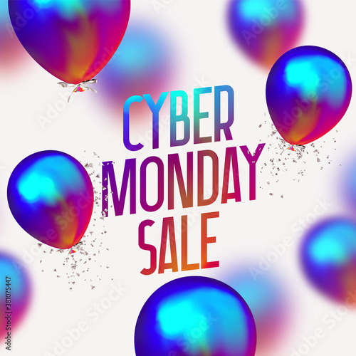 Cyber monday Sale. Background with realistic balloons bright blue color gradient gasoline. Poster, banner for advertising and branding. Cover and brochure. flyer design. vector illustration