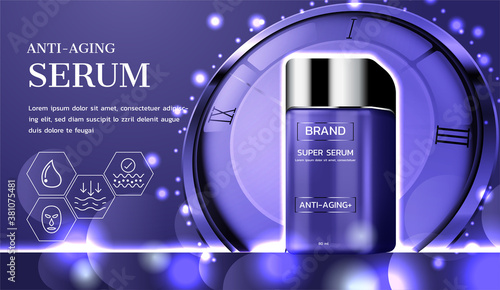 Cosetic ads. Anti-aging serum with clock background