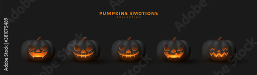 Halloween Set of pumpkin for holiday. Realistic 3d black pumpkins with cut scary good joy smile. Collection of 3d objects. Design elements isolated on dark background. Vector illustration