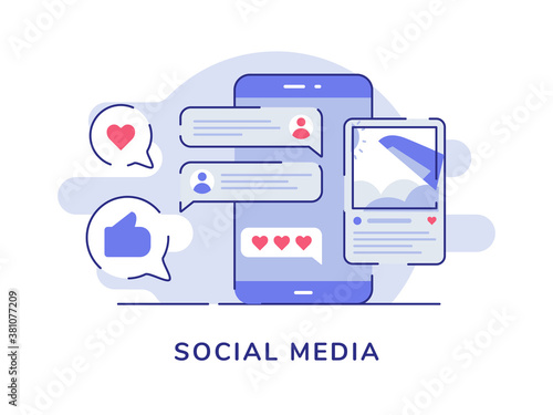 Social media concept picture post feedback comment on display smartphone screen white isolated background with flat outline style