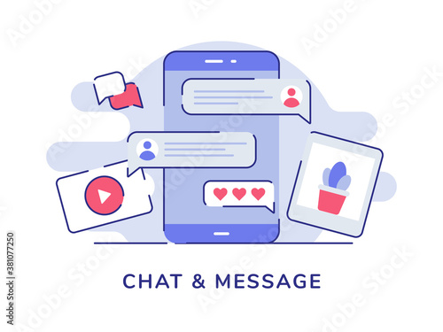 Chat and Message bubble chat video picture on display smartphone screen white isolated background with flat outline style