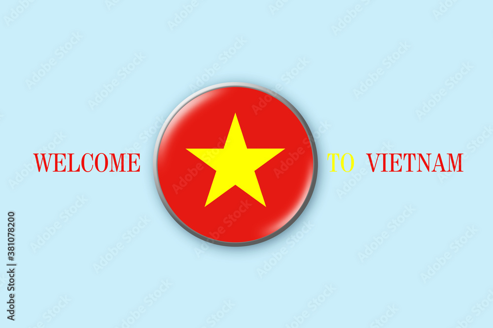 Round badge with flag Of Vietnam on a blue background. 3D illustration. Welcome to Vietnam. Travels. Round badge with flag Of Vietnam on a blue background. 3D illustration. Welcome to Vietnam. Travels.