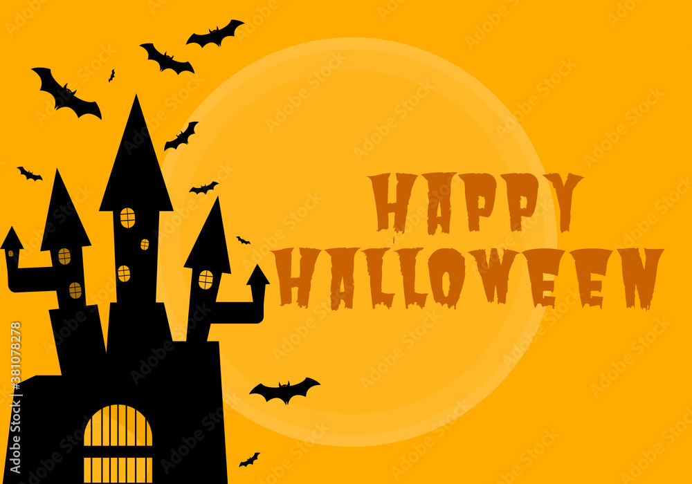 Halloween background. Haunted castle with bats flying on full moon night. Halloween greeting.