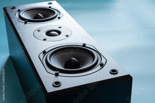 Bild auf Leinwand Closeup of black premium loudspeaker for music and home theater system with colo