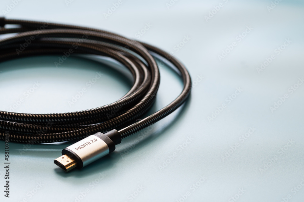 HDMI Cable connector and copy space on blue background color mood and tone style
