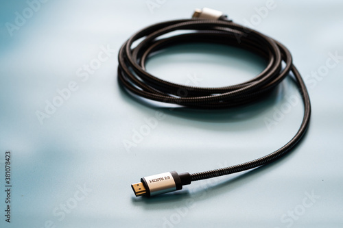 HDMI Cable connector and copy space on blue background color mood and tone style