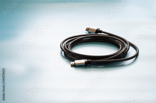 HDMI Cable connector and copy space on blue background color mood and tone style