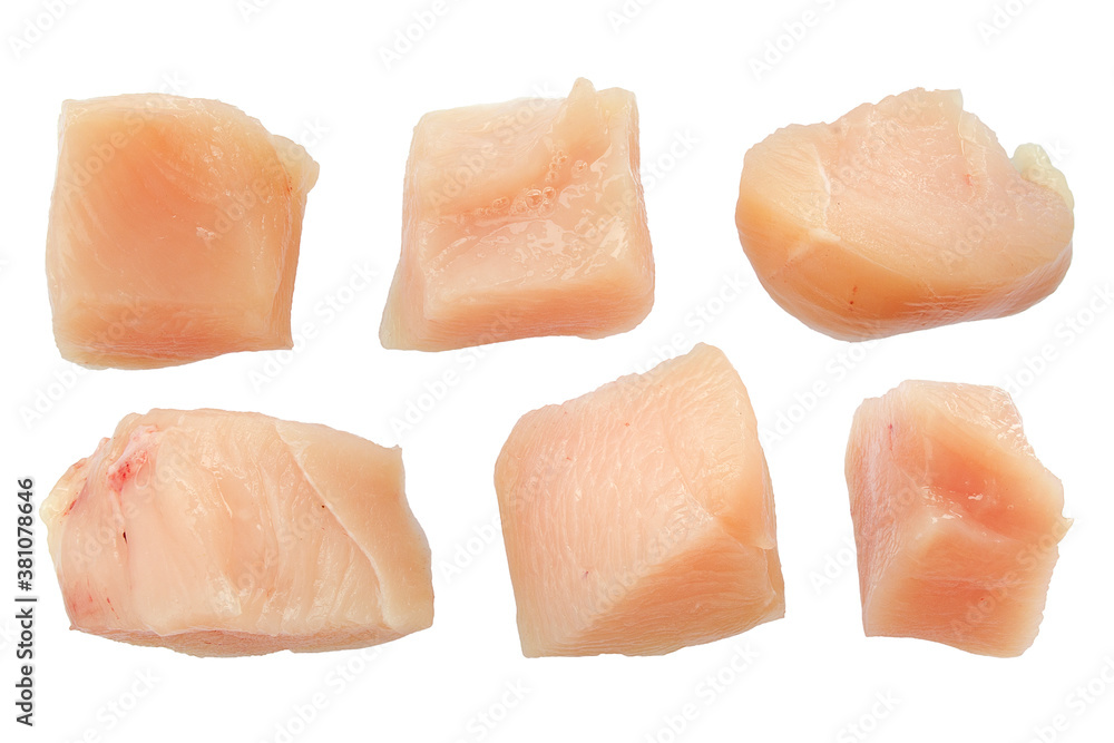 Raw chicken fillet pieces, top view, isolated. Collection of raw diced chicken breasts on white. Chicken meat cubes set. Chicken fillet isolated on white background cubes. Raw chicken fillet pieces, top view, isolated. Collection of raw diced chicken breasts on white. Chicken meat cubes set. Chicken fillet isolated on white background cubes.