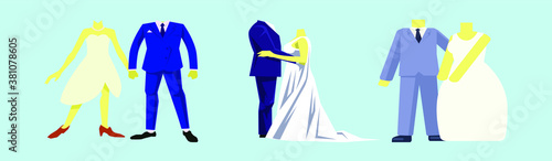 set of wedding dress and groom's suit cartoon bookworm cartoon icon design template with various models. vector illustration isolated on blue background