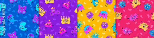 Bacteria and viruses seamless pattern. Cartoon pathogens in blue and red microorganisms causing epidemics and pandemics bacterial danger coronavirus infection in yellow and purple vector environment.