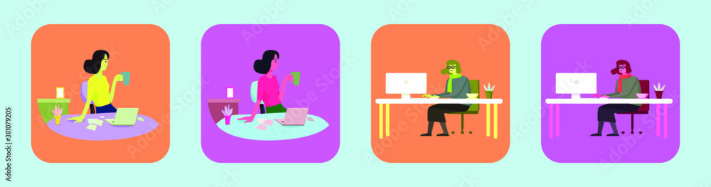 set of business woman at the desk is working on the laptop computer cartoon icon design template with various models. vector illustration isolated on blue background