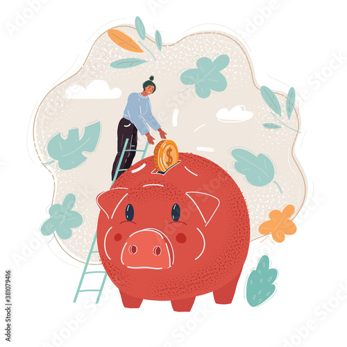 Quadro su tela Vector illustration of tiny man put happy coin into piggy bank.