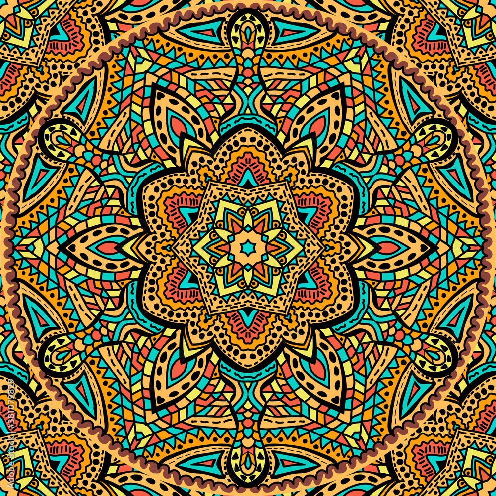 Seamless Abstract festive colorful mandala ethnic tribal pattern. African, mexican motif.  Background template for card, web design, wallpaper, cover, textile. Vector illustration.
