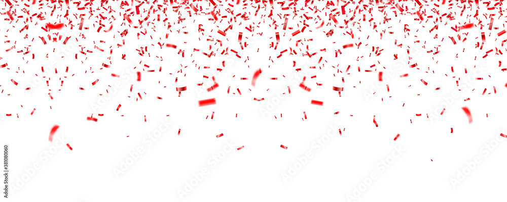 Christmas, Valentines day red confetti on white background. Falling shiny glitter. Festive party design elements.