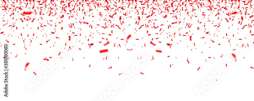 Christmas, Valentines day red confetti on white background. Falling shiny glitter. Festive party design elements.