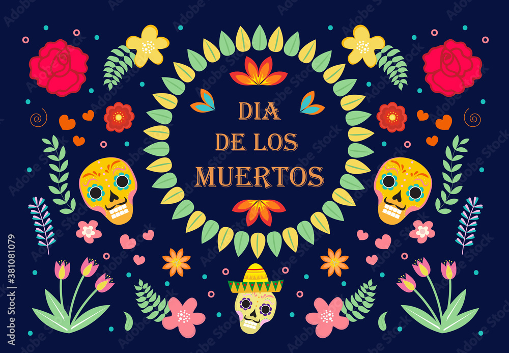 Day of the Dead Mexican holiday icons flat style. Dia de los muertos collection of objects, design elements with sugar skull, skeleton, flowers. Vector illustration