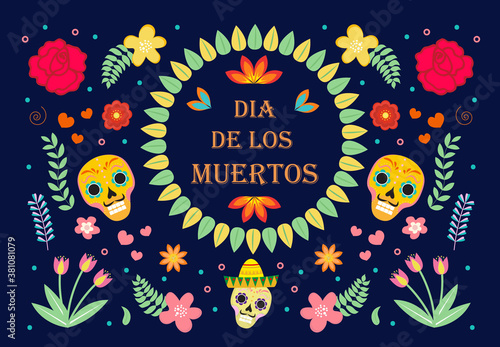 Day of the Dead Mexican holiday icons flat style. Dia de los muertos collection of objects, design elements with sugar skull, skeleton, flowers. Vector illustration