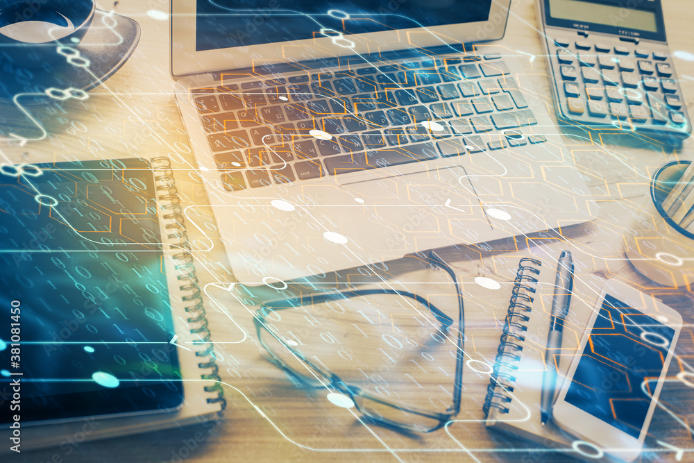 Double exposure of table with computer on background and data theme drawing. Concept of innovation. Double exposure of table with computer on background and data theme drawing. Concept of innovation.