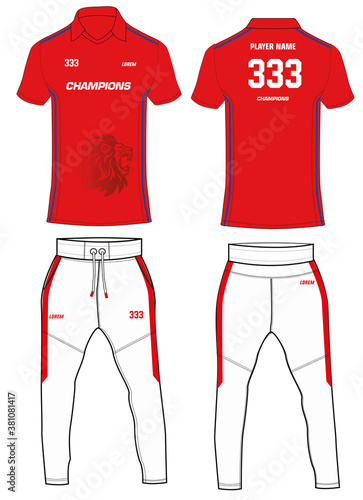 Sports Cricket t-shirt jersey and bottom trouser design template, mock up uniform kit with front and back view
