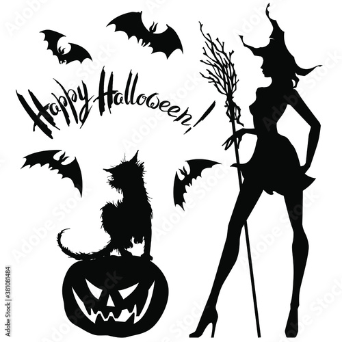 Vector halloween set : black on white silhouettes of young pretty witch with hat and broom , cat, smiling pumpkin Jack-o-lantern, flying bats and hand written lettering. For card or poster.