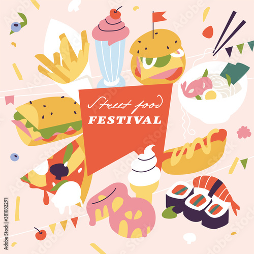 Vector illustration street food festival horizontal poster or banner. Compostion with junk food or fast food.