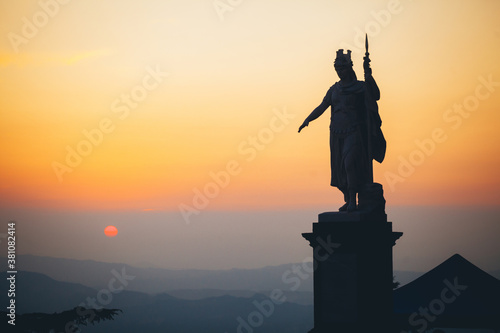 Statue of Liberty in San Marino on the sunset. San Marino landscape. View on the hilly plain of the foothills of the Apennines from the mountain Monte Titano, old city of San Marino, Italy.