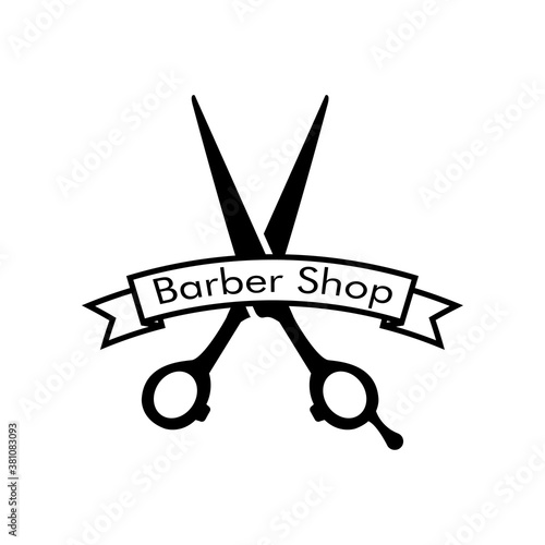Logotipo con texto Barber Shop escrito en cinta lineal con tijeras de peluquero en color negro