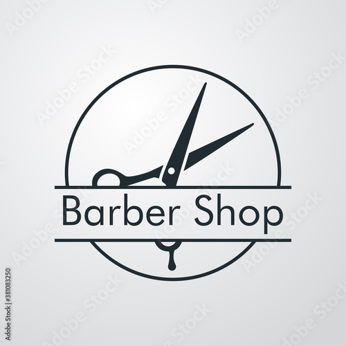 Logotipo con texto Barber Shop con tijeras de peluquero en círculo lineal en fondo gris
