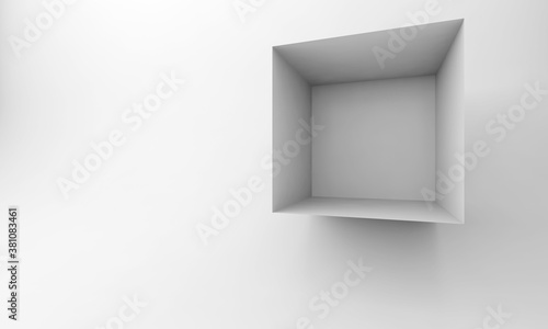 Abstract white cgi background with an empty cube