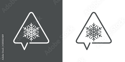 Logotipo lineal triángulo señal de peligro como burbuja de habla con copo de nieve en fondo gris y fondo blanco	