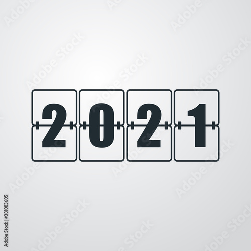Concepto feliz año nuevo. Logotipo con número 2021 en contador tipo dar la vuelta en fondo gris
