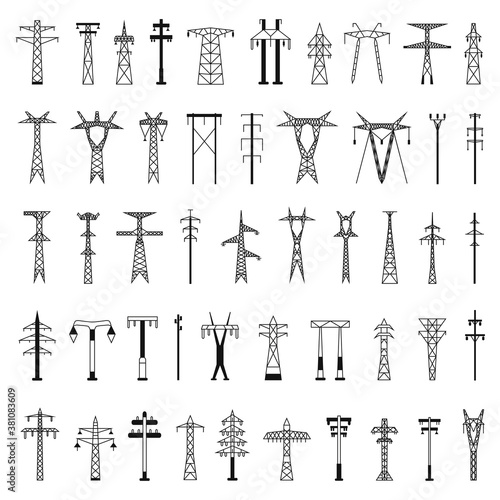 Set of icons for Electric towers and pillars. Black silhouettes isolated on a white background in a simple flat style for design and web.