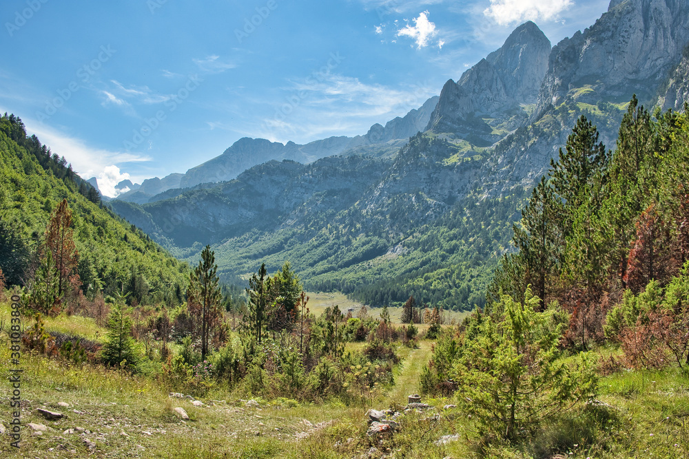 Fototapeta premium Panorama of the Ropojana valley in the Prokletije National Park. Ropojana lake.