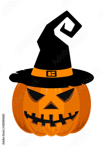 Vector illustration on white background. Seamless orange pumpkin with black hat. Symbol of happy holiday. Carving vegetable for decoration. Design for autumn october party.