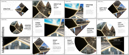 Presentation design vector templates, multipurpose template for presentation slide, flyer, brochure cover design. Abstract black and golden project with clipping mask, geometric shapes for your photo.