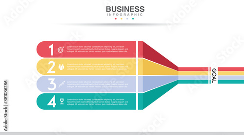 Business infographic. Arrow chart with 4 options. Vector template. Goal to success.  Timeline infographic design circle options. Can be used for workflow layout, diagram, annual report, web design. Ve