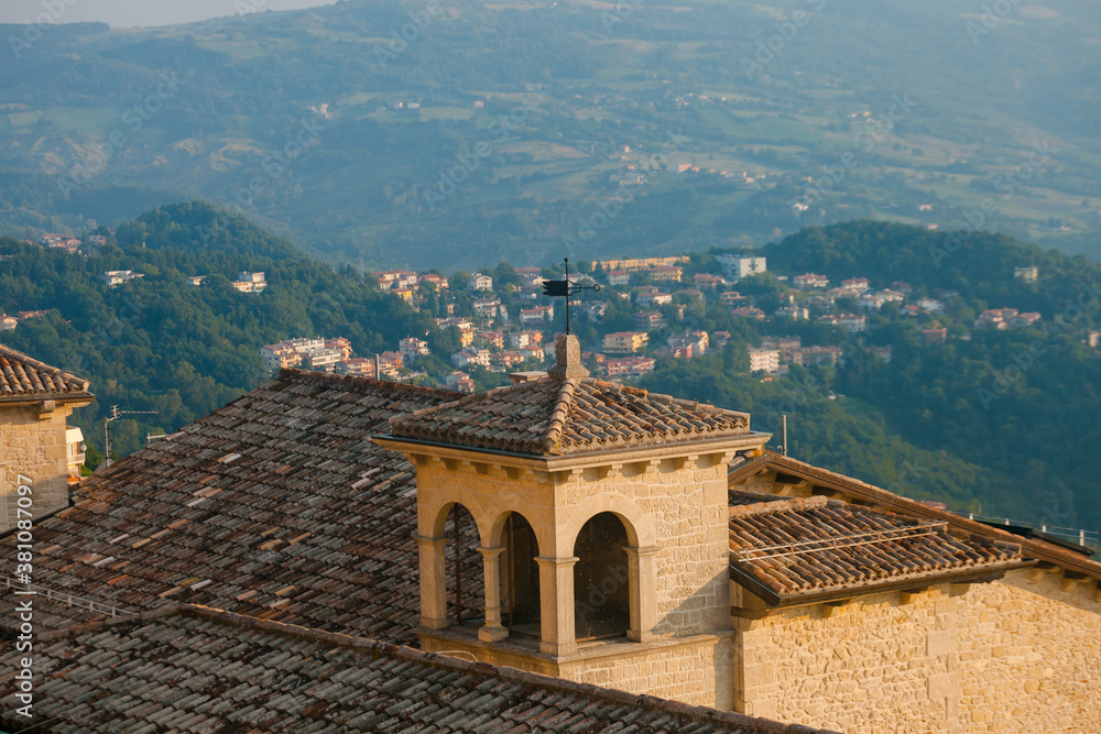 San Marino landscape. View on the hilly plain of the foothills of the Apennines and roofs of old houses from the mountain Monte Titano, old city of republic of San Marino.