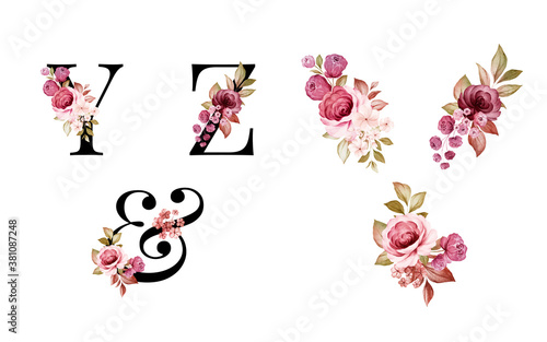 Watercolor floral alphabet set of Y, Z, & with red and brown flowers and leaves. Flowers composition for logo, cards, branding, etc