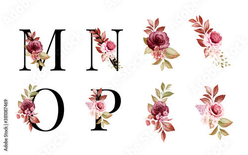 Watercolor floral alphabet set of M, N, O, P with red and brown flowers and leaves. Flowers composition for logo, cards, branding, etc