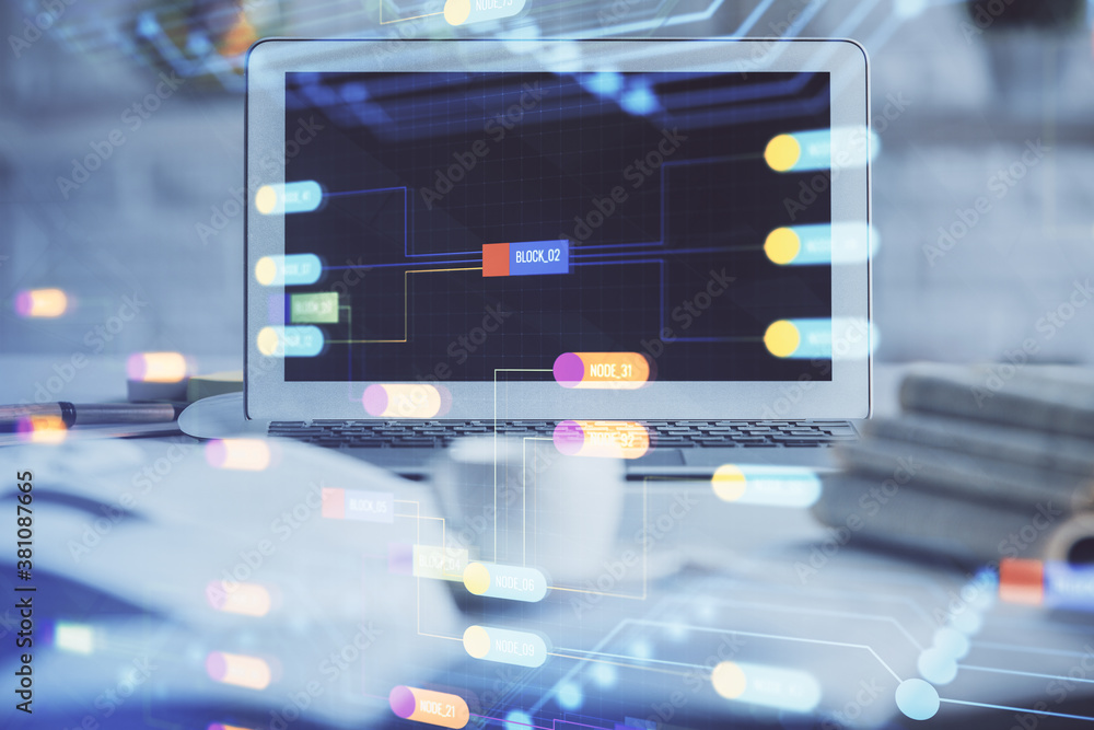 Multi exposure of desktop computer and technology theme hologram. Concept of software development. Multi exposure of desktop computer and technology theme hologram. Concept of software development.