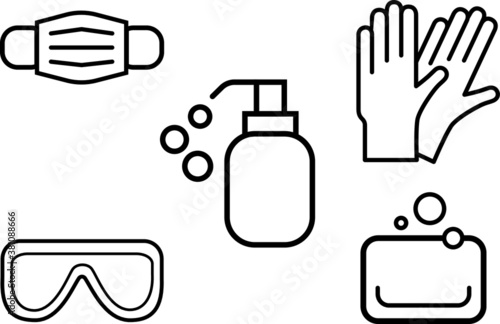 personal protective equipment flat vector icons and symbols, icons set. Surgical mask, medical mask, protective gloves, latex gloves, soap, soap bottle, dispenser, protective glasses. outline symbols.