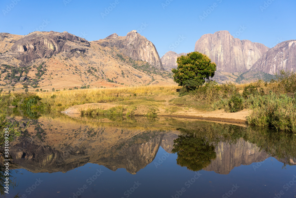 Andringitra mountain reflection in the river